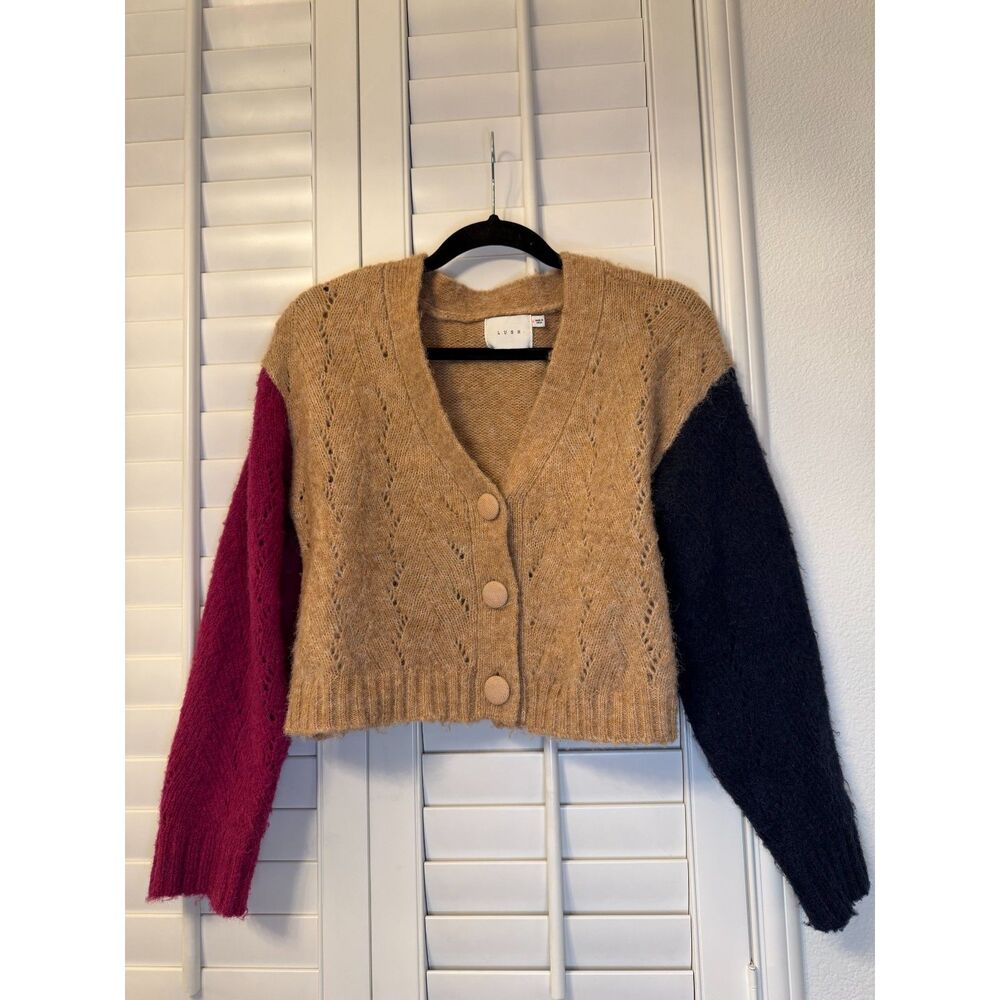 Lush Colorblock Pointelle Cropped Cardigan - Camel/Burgundy/Navy - M